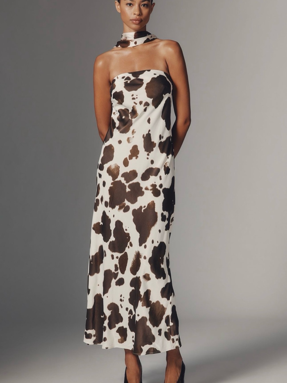 Anthropologie Strapless Cow-Print Slip Dress in White and Brown